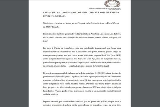 Carta aberta ao governador do estado do Pará e ao presidente da República do Brasil